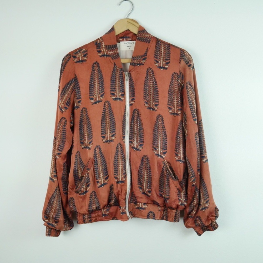 MOMO New York 100% Silk Bomber‎ Jacket Rust Terracotta Leaf Print OS Boho Lounge